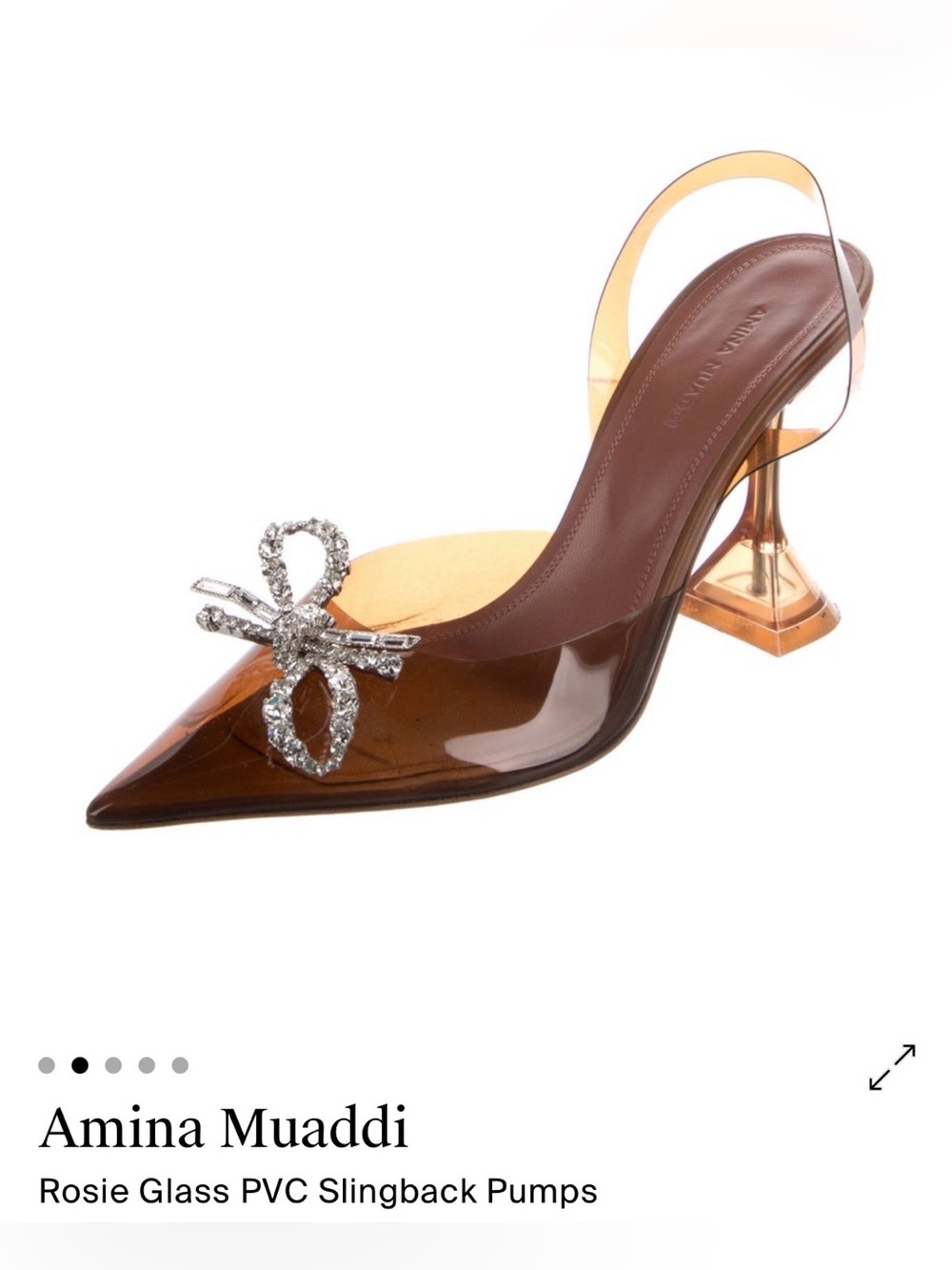 Amina Muaddi Brown Rosie Glass PVC Slingback Pumps with Crystal Bow Accent